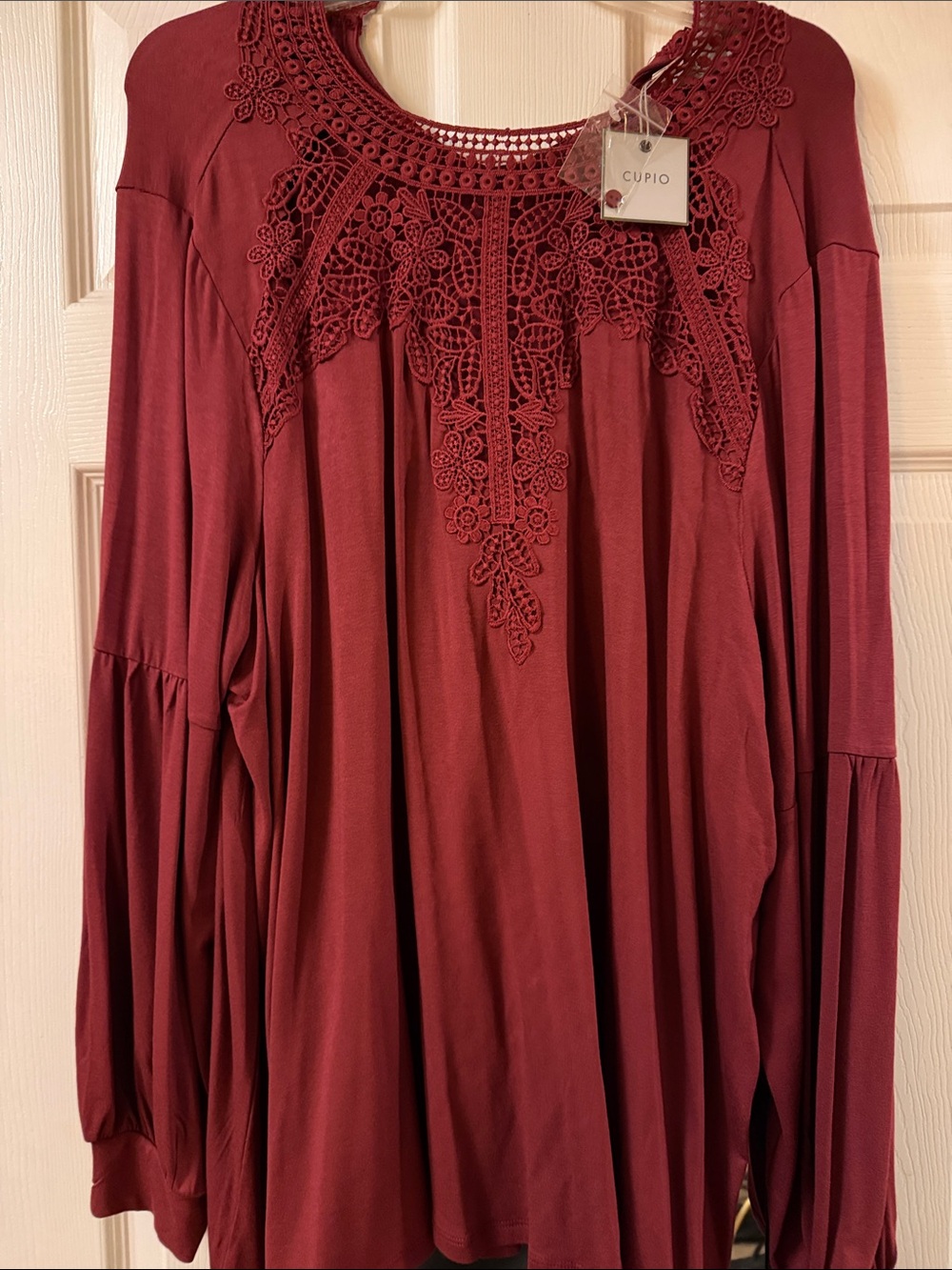 Cupio Women's Deep Wine Crochet Yoke Long Sleeve Tunic